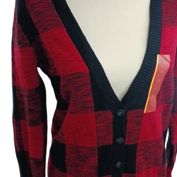 Mossimo Cardigan Sweater Red Black Buffalo Plaid V Neck Womens Size S - Picture 3 of 7